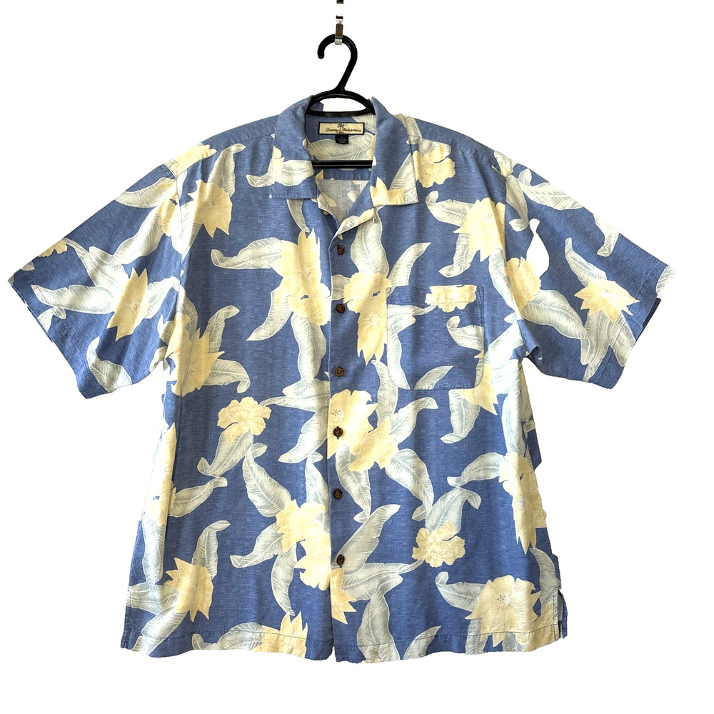 Tommy Bahama Shirt Mens L 100% Silk Orchids Tropical Hawaiian Camp Shirt Blue